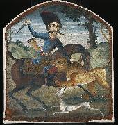 unknow artist Hunter on Horseback Attacked by a Lion oil painting on canvas